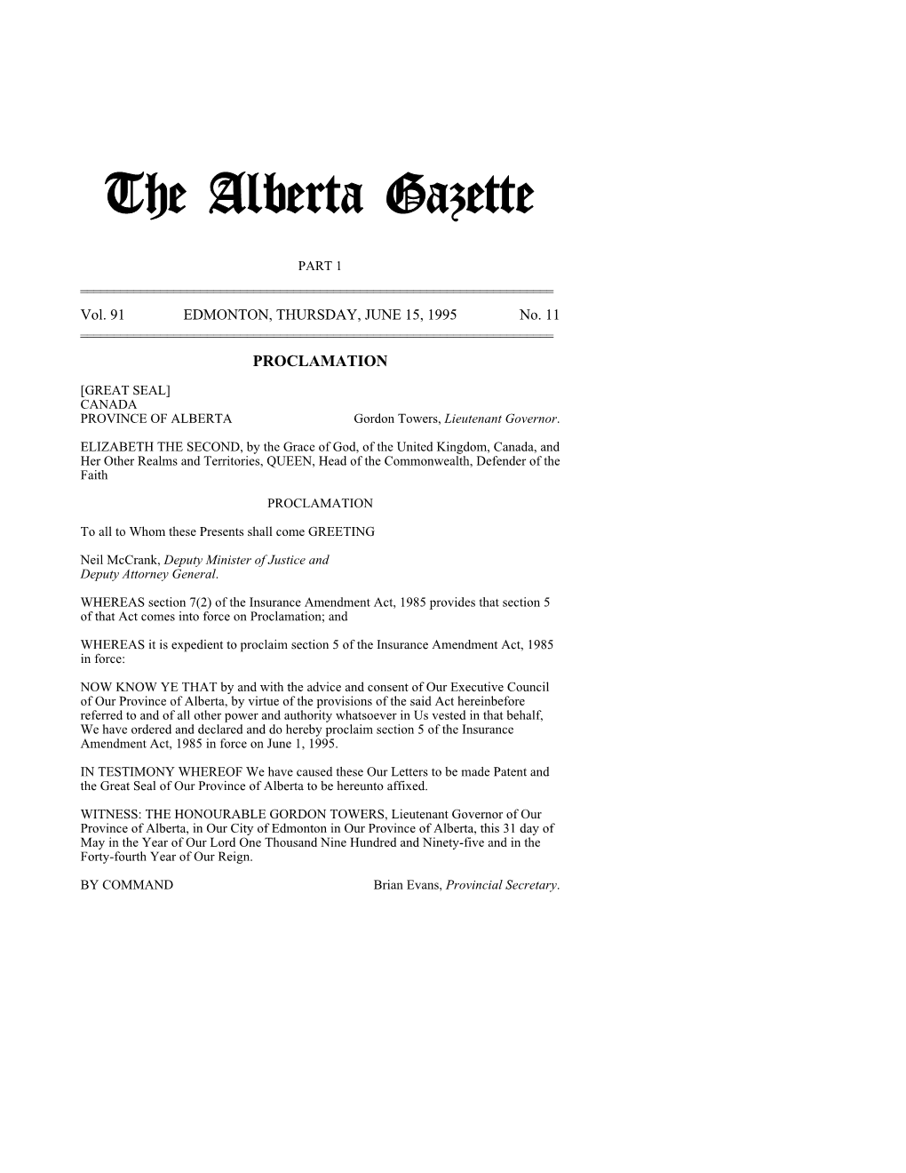The Alberta Gazette, Part I, June 15, 1995
