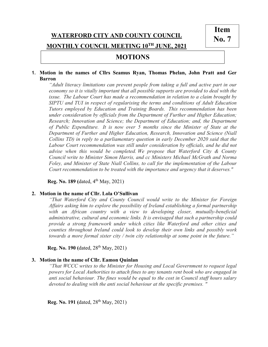 Motions List Plenary 10Th June 2021