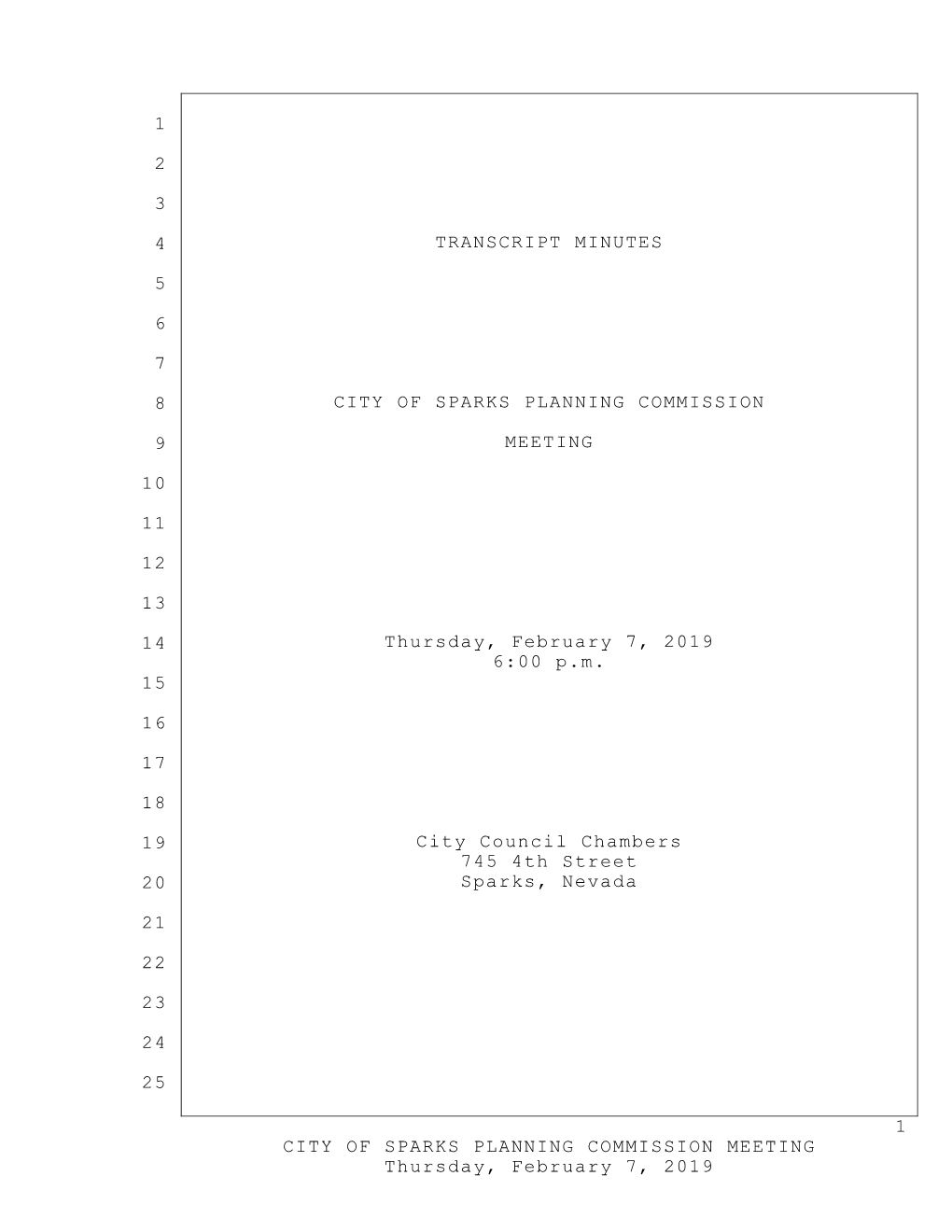 SPARKS PLANNING COMMISSION MEETING Thursday, February 7, 2019