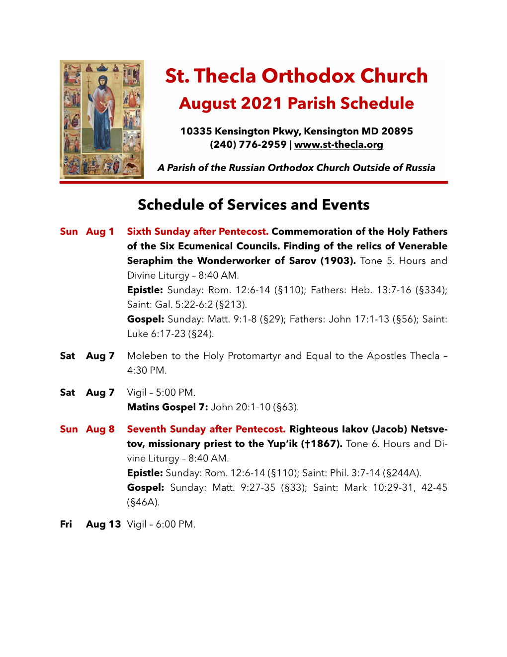 St. Thecla August 2021 Parish Schedule