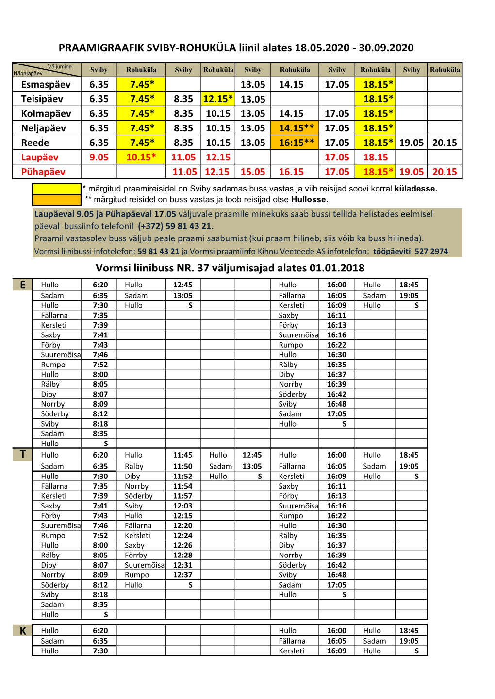 Praami Ja Bussigraafik Alates 18.05.2020 Kuni 30.09