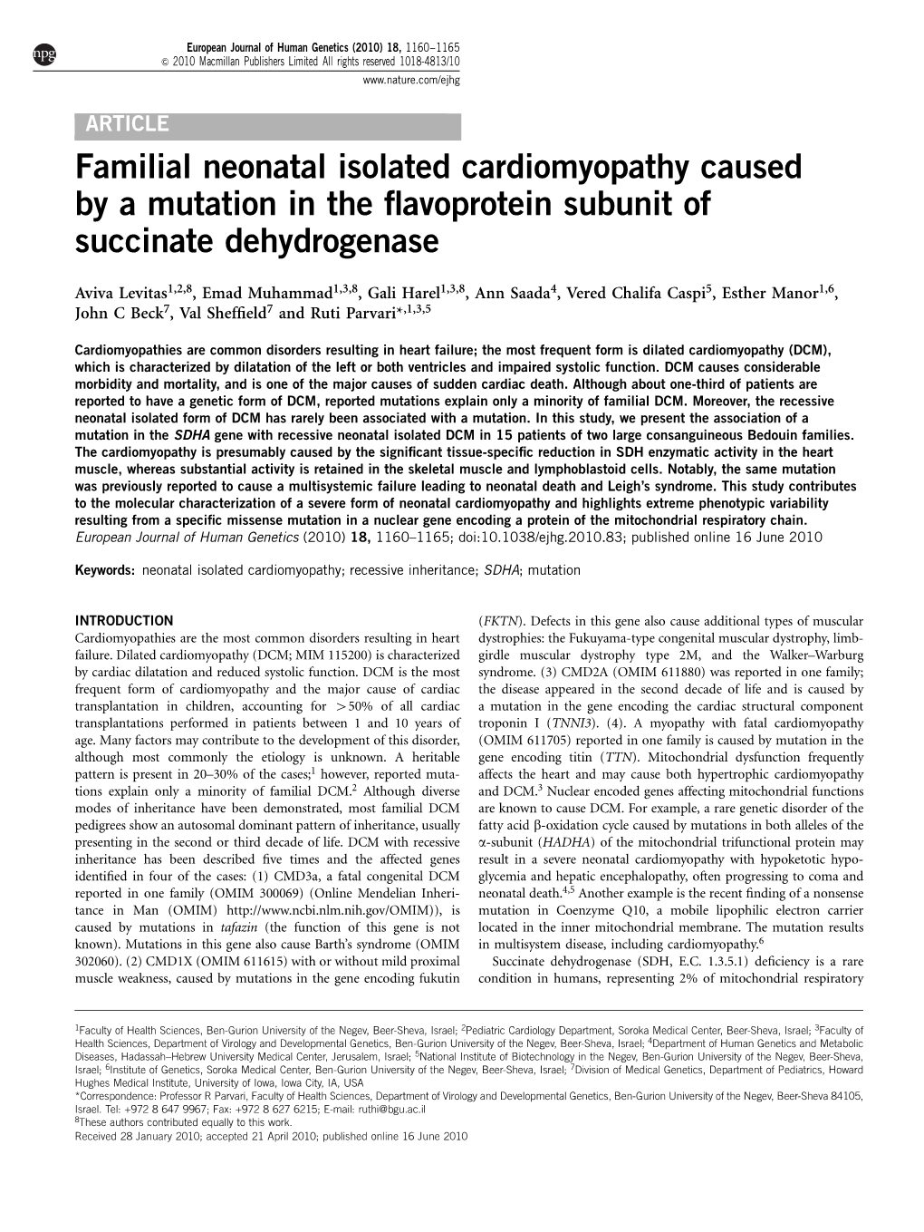 Familial Neonatal Isolated Cardiomyopathy Caused by a Mutation in the ﬂavoprotein Subunit of Succinate Dehydrogenase