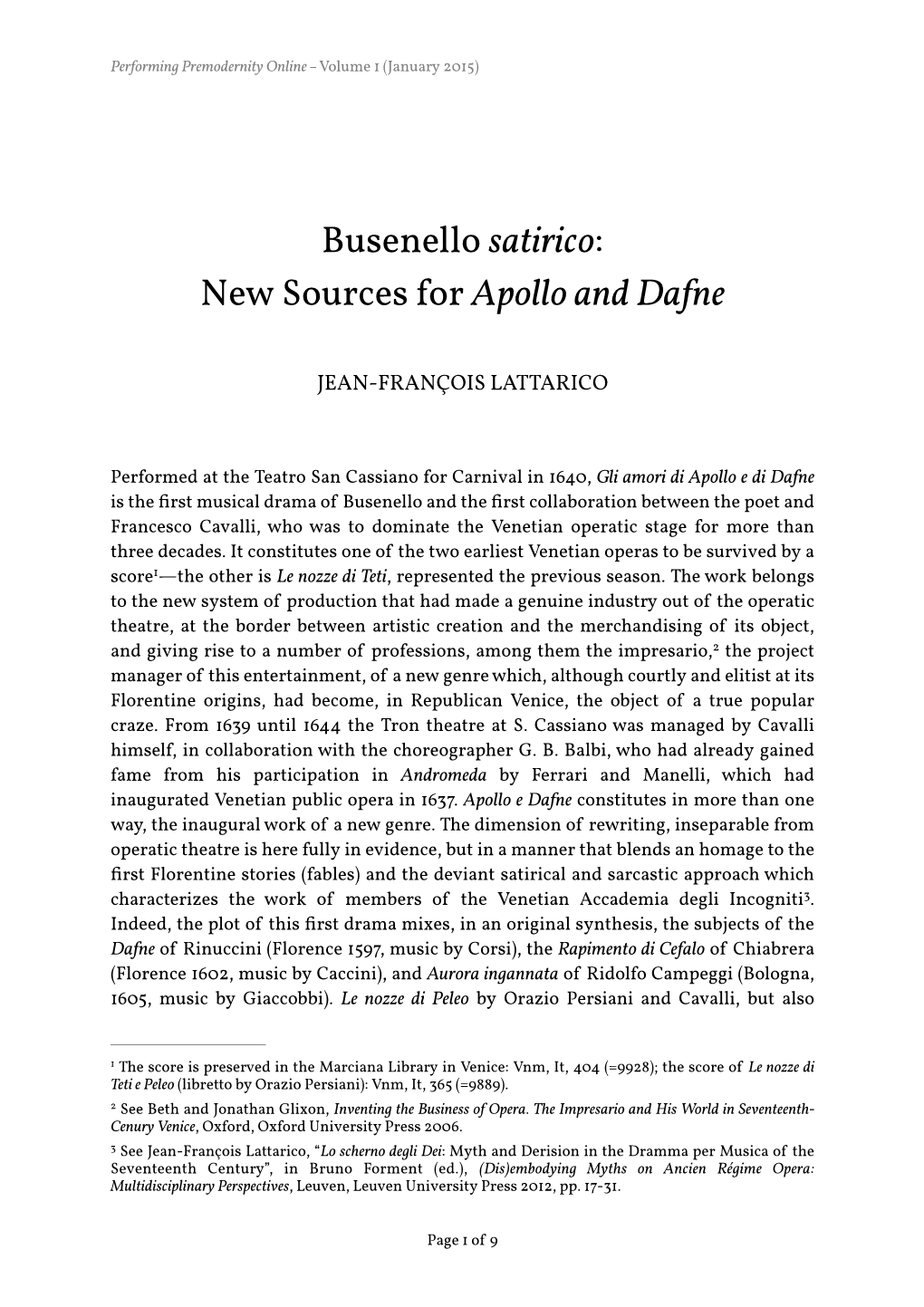 Busenello Satirico: New Sources for Apollo and Dafne