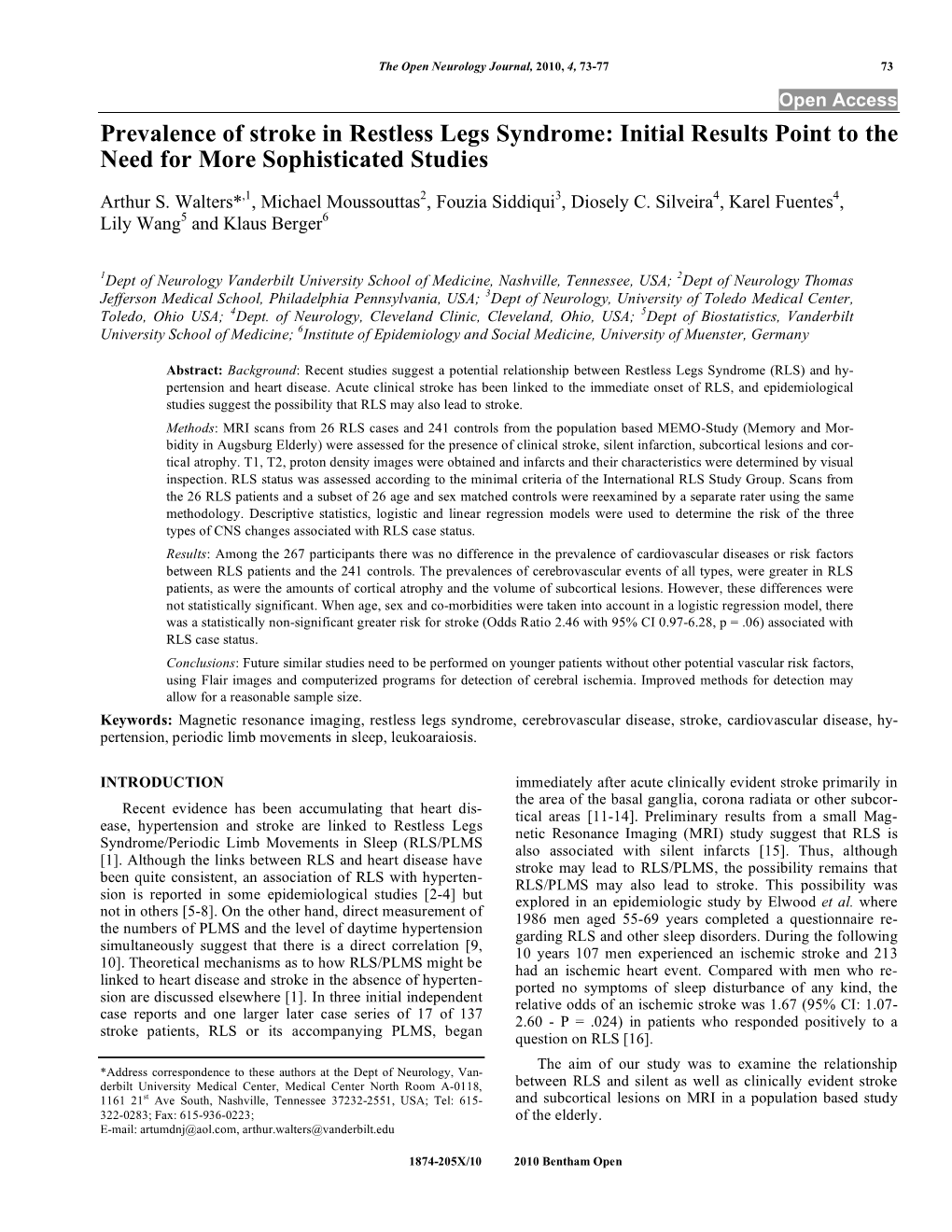 Prevalence of Stroke in Restless Legs Syndrome: Initial Results Point to the Need for More Sophisticated Studies