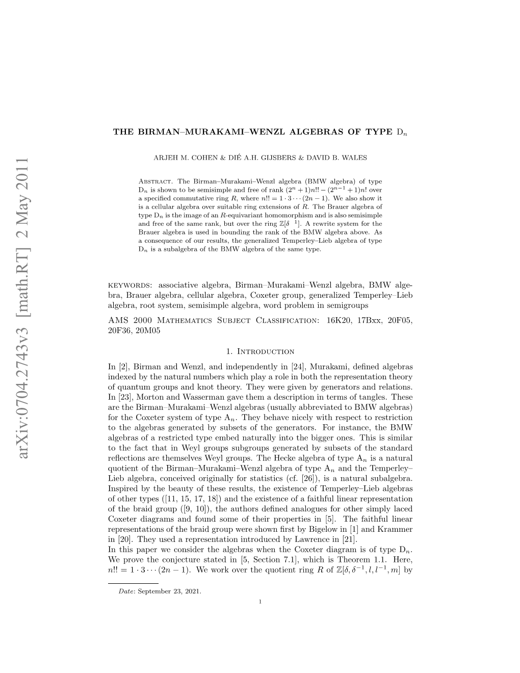 The Birman-Murakami-Algebras Algebras of Type Dn