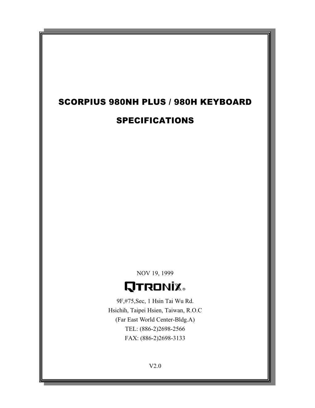Scorpius 980Nh Plus / 980H Keyboard Specifications