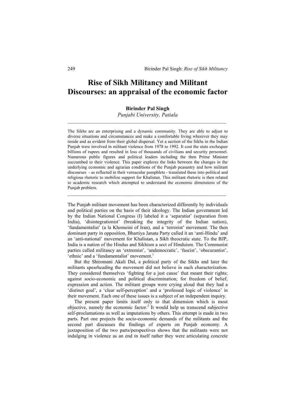 Rise of Sikh Militancy and Militant Discourses: an Appraisal of the Economic Factor