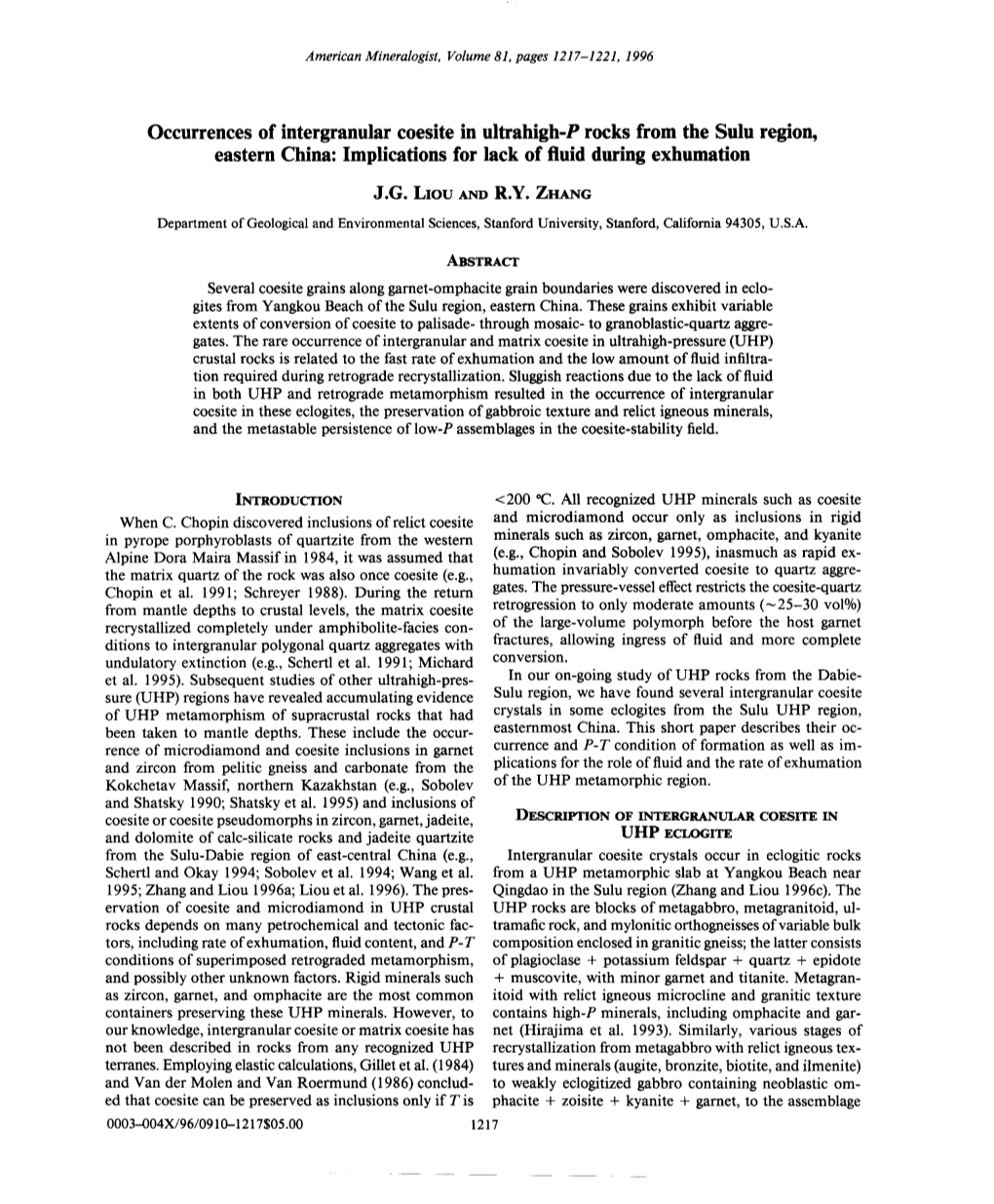 Occurrences of Intergranular Coesite in Ultrahigh-P Rocks from the Sulu Region, Eastern China: Implications for Lack of Fluid During Exhumation