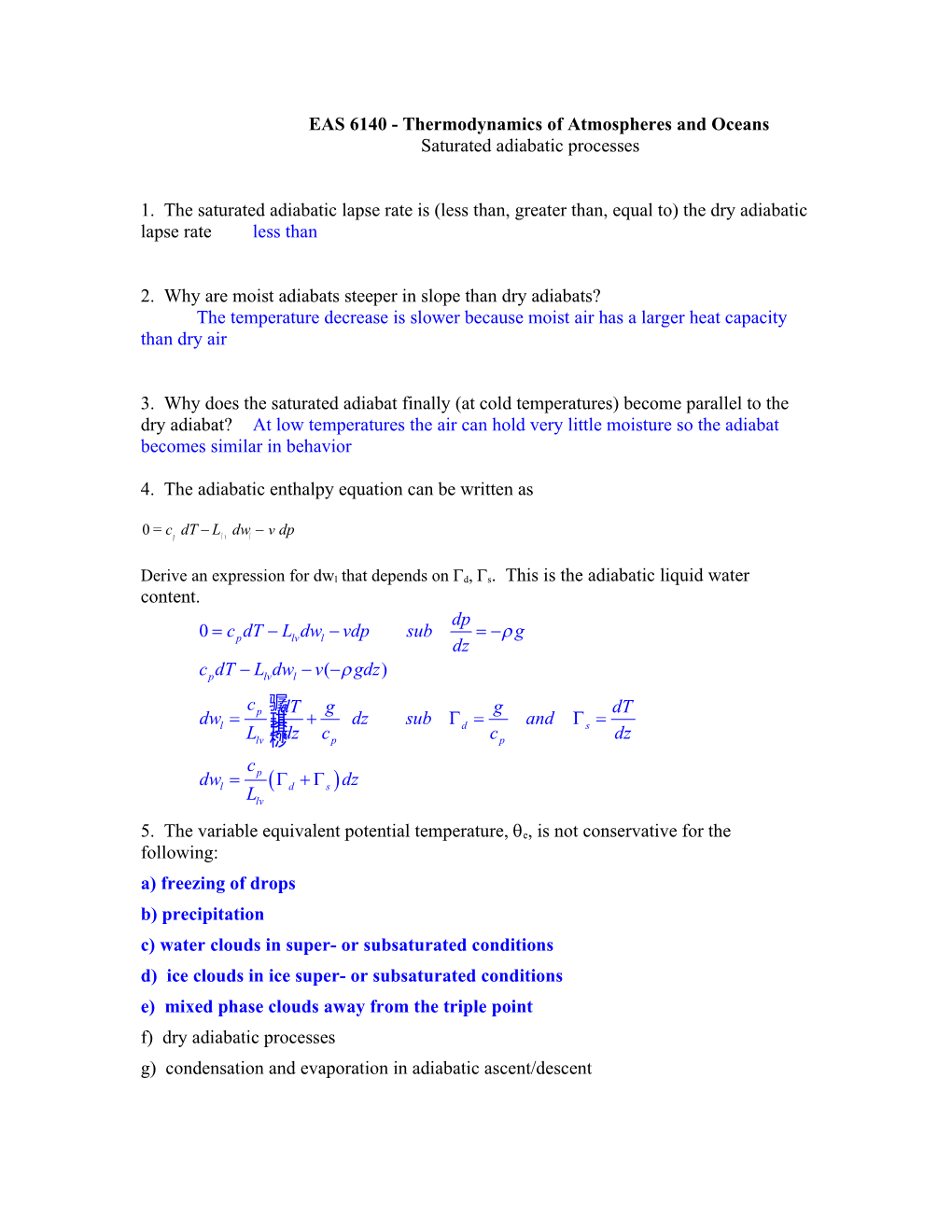 EAS 6140 - Thermodynamics of Atmospheres and Oceans