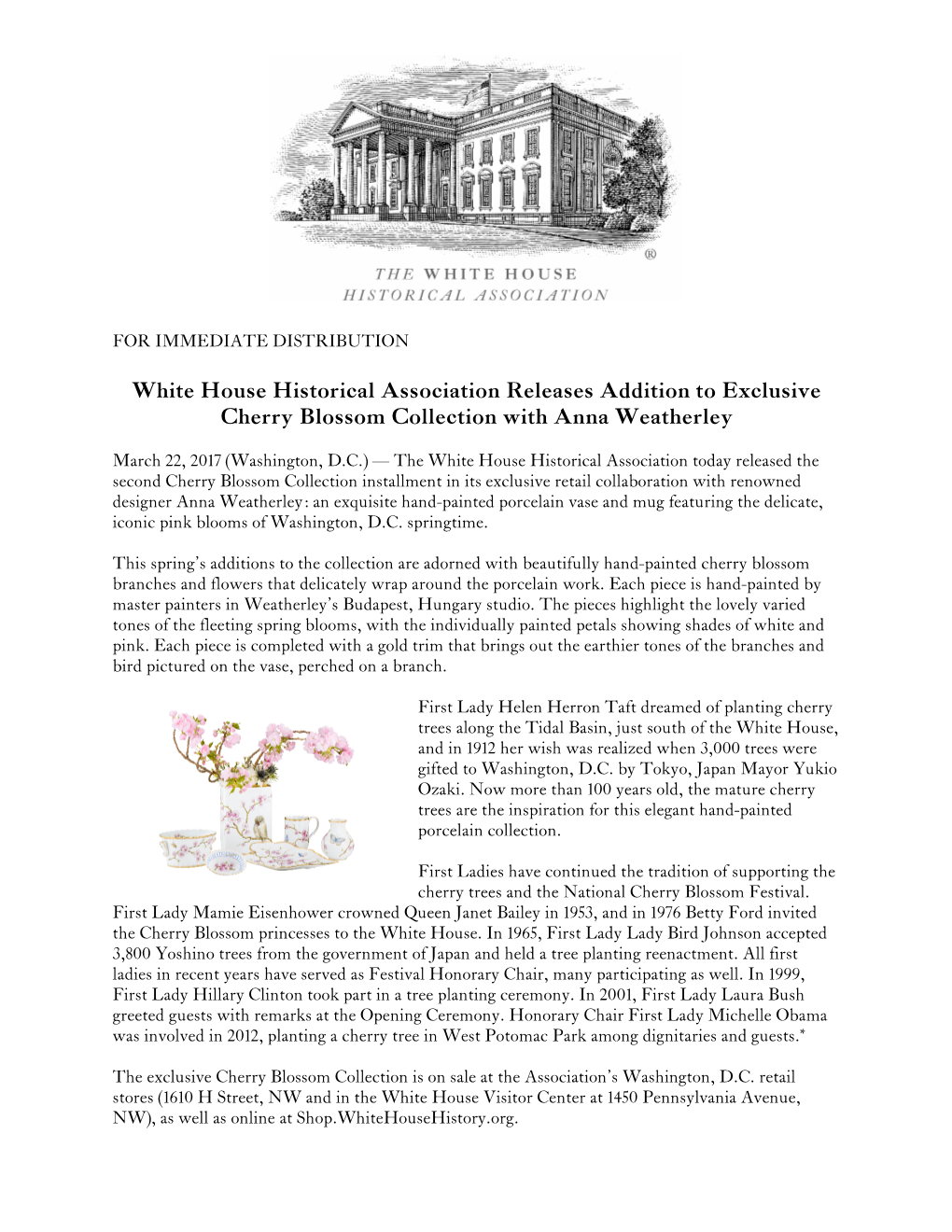 White House Historical Association Releases Addition to Exclusive Cherry Blossom Collection with Anna Weatherley