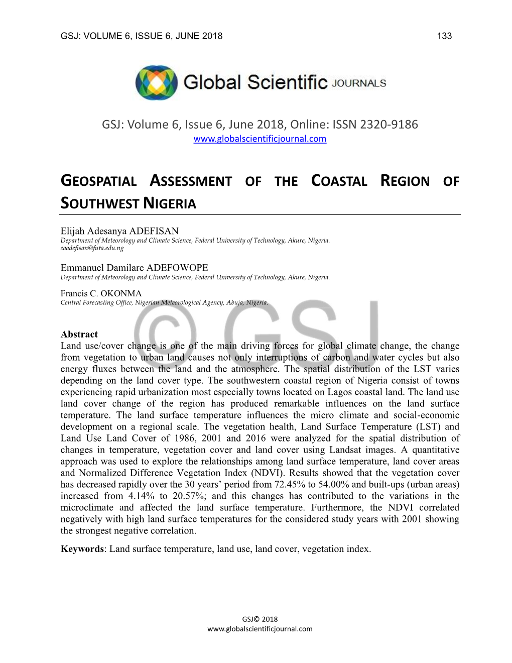 Geospatial Assessment of the Coastal Region of Southwest Nigeria