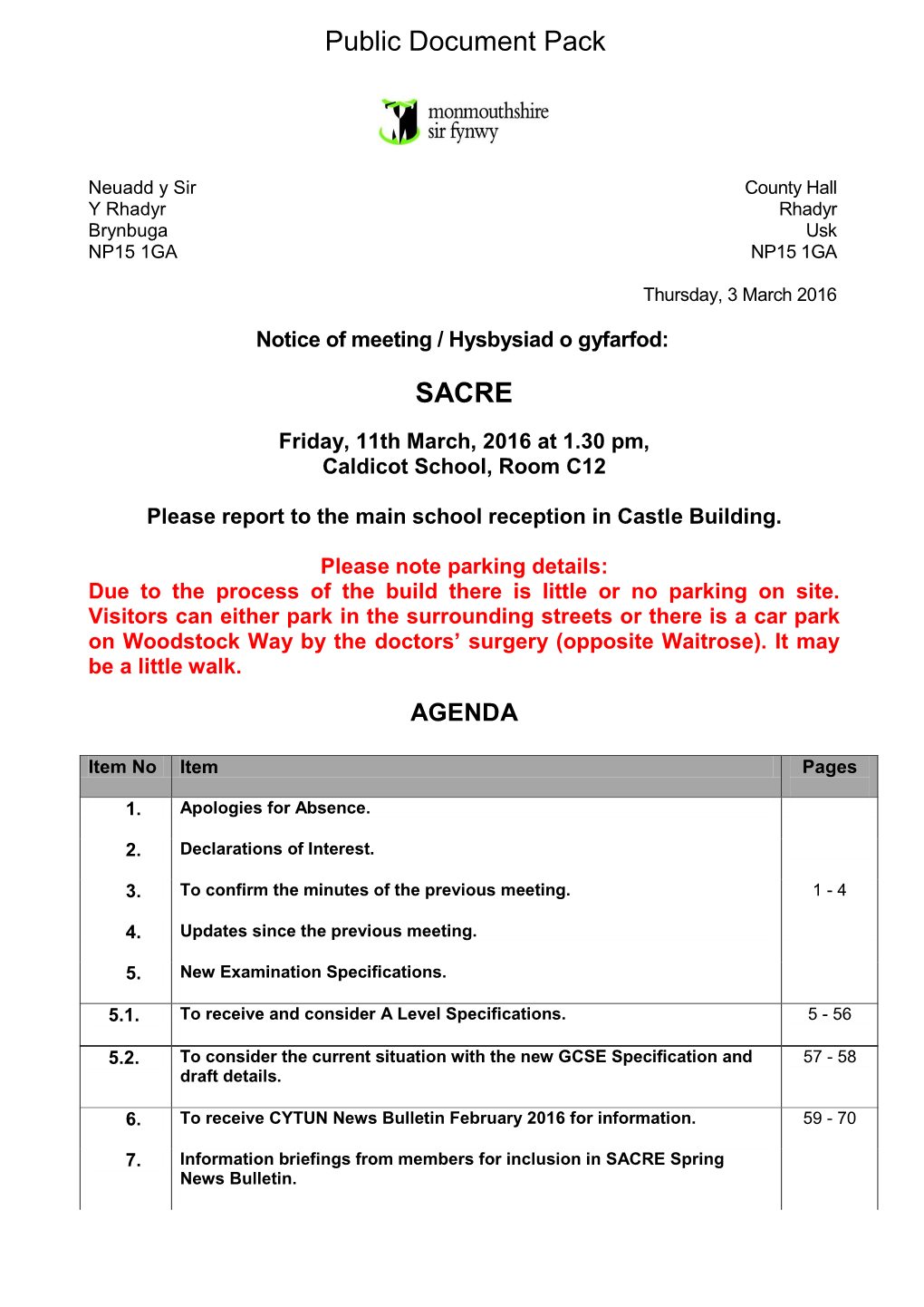 (Public Pack)Agenda Document for SACRE, 11/03/2016 13:30