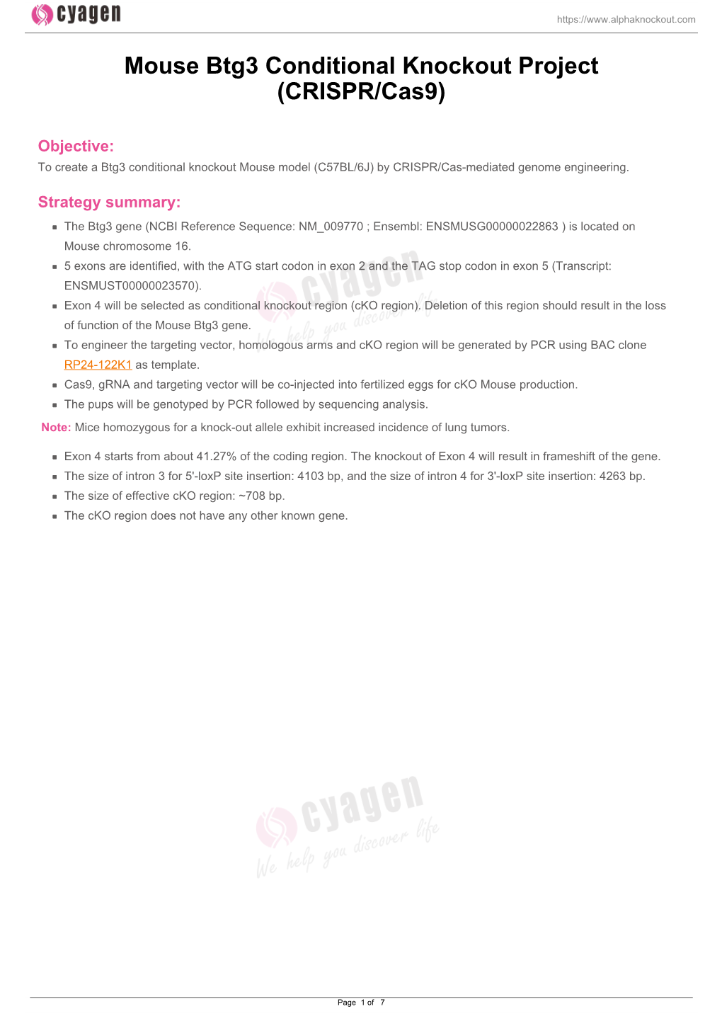 Mouse Btg3 Conditional Knockout Project (CRISPR/Cas9)