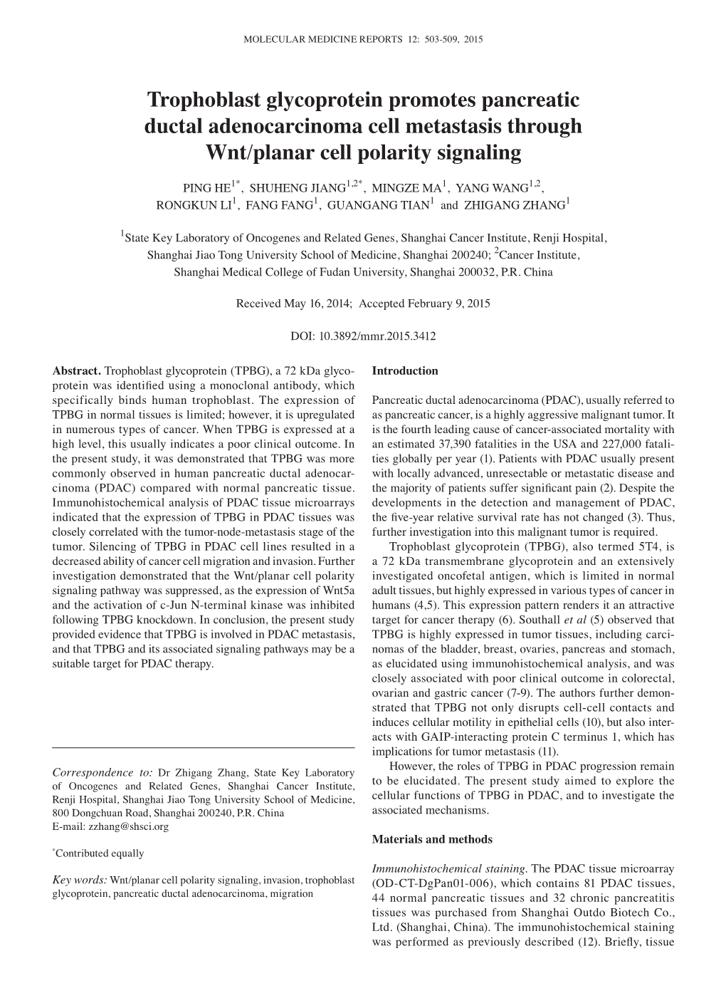 Trophoblast Glycoprotein Promotes Pancreatic Ductal Adenocarcinoma Cell Metastasis Through Wnt/Planar Cell Polarity Signaling