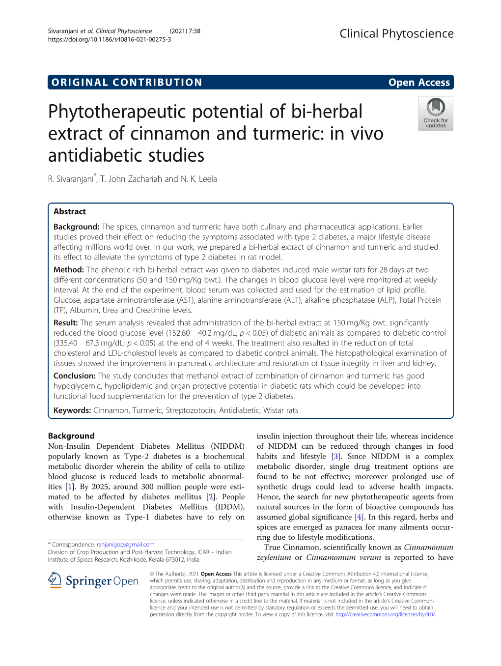 Phytotherapeutic Potential of Bi-Herbal Extract of Cinnamon and Turmeric: in Vivo Antidiabetic Studies R