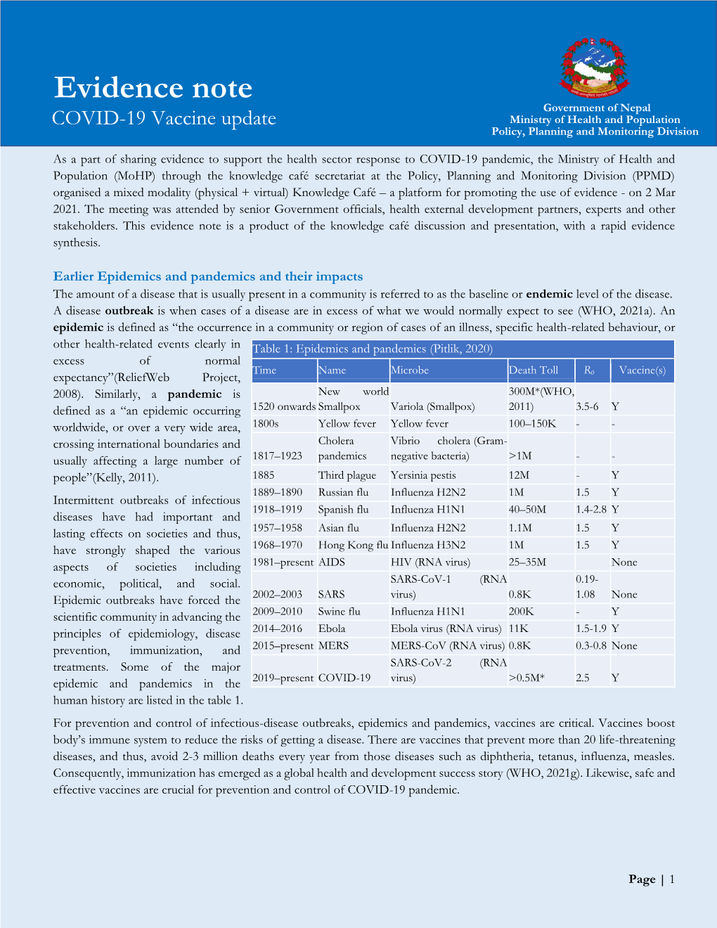 Evidence Note Government of Nepal COVID-19 Vaccine Update Ministry of Health and Population Policy, Planning and Monitoring Division