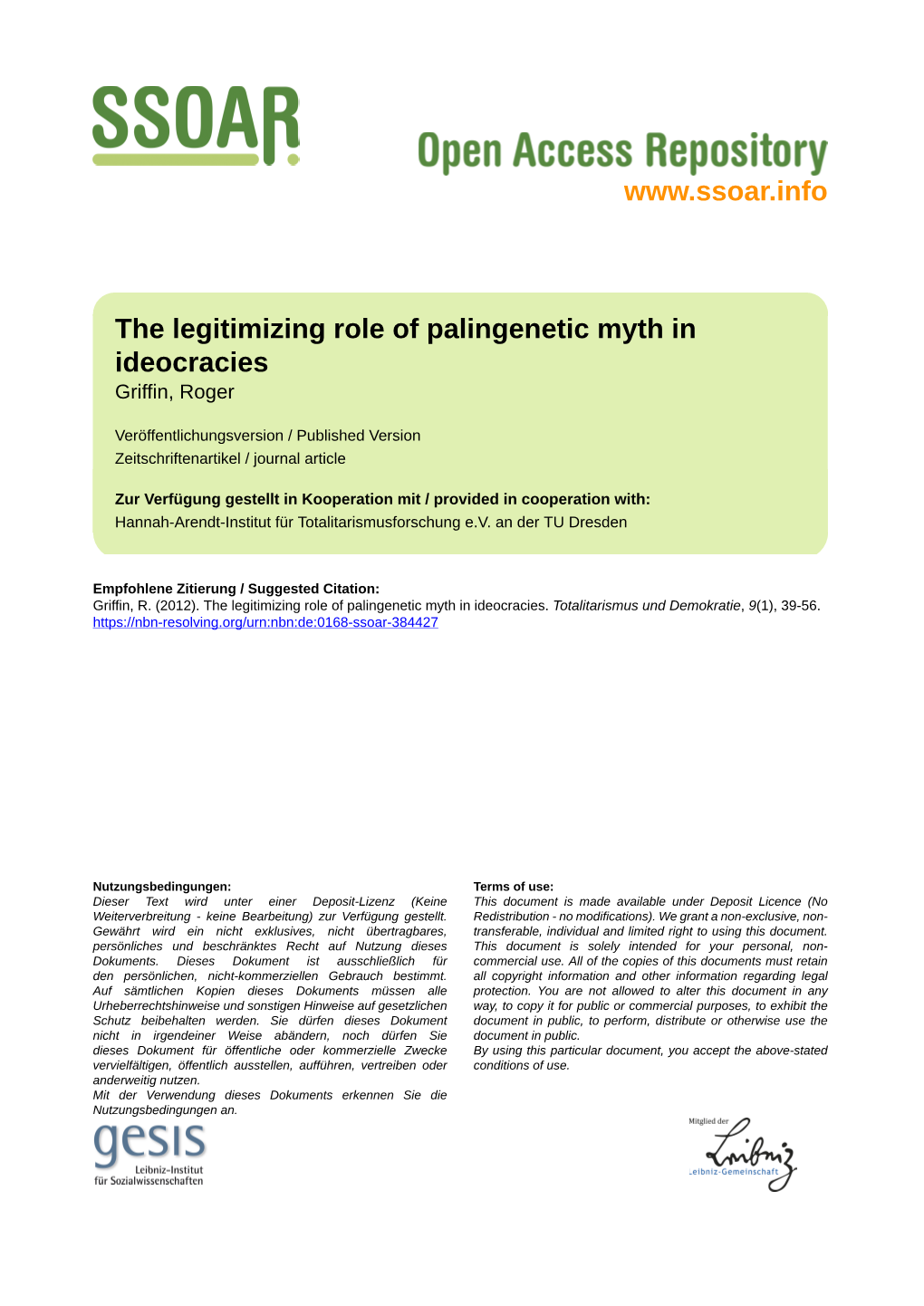 The Legitimizing Role of Palingenetic Myth in Ideocracies Griffin, Roger