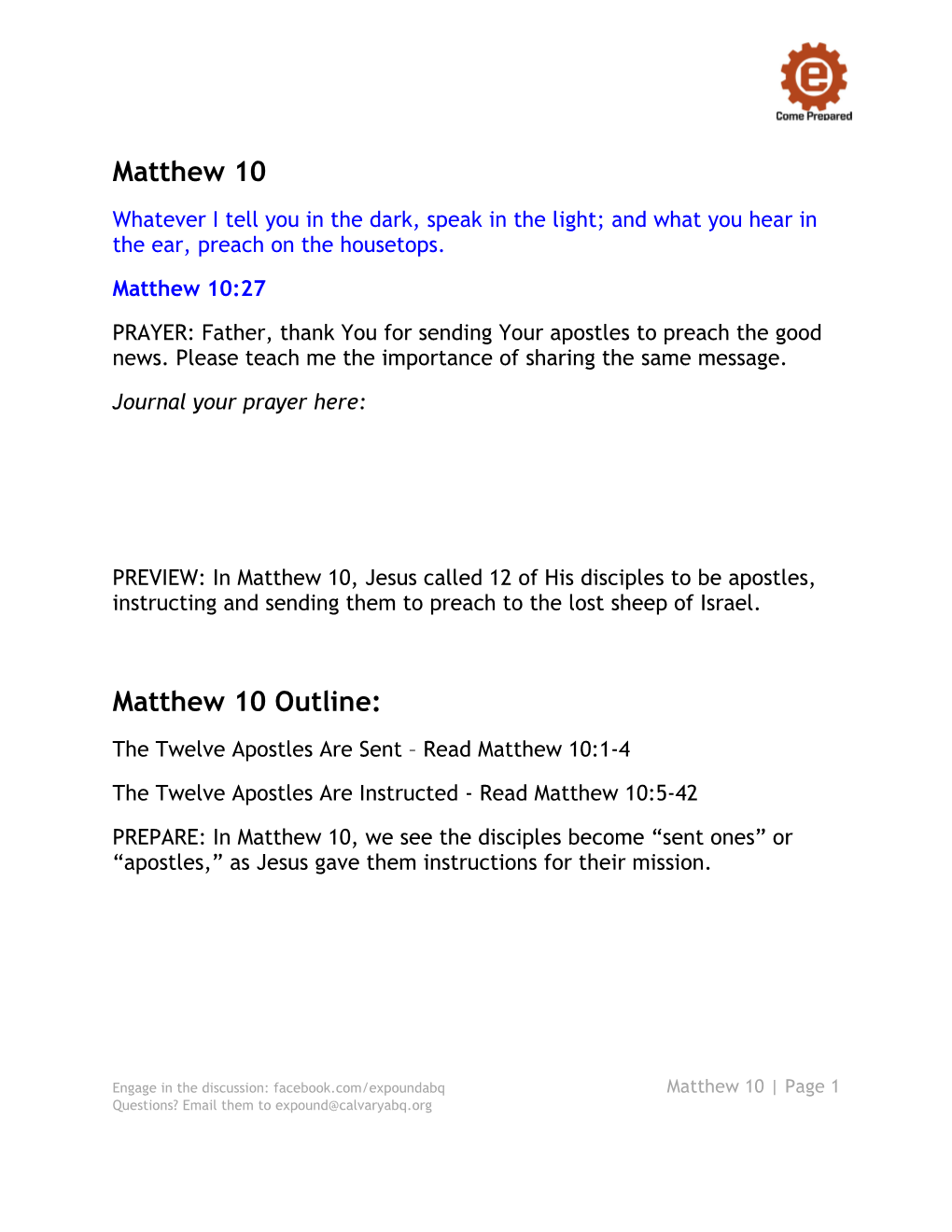Matthew 10 Study Guide Handout