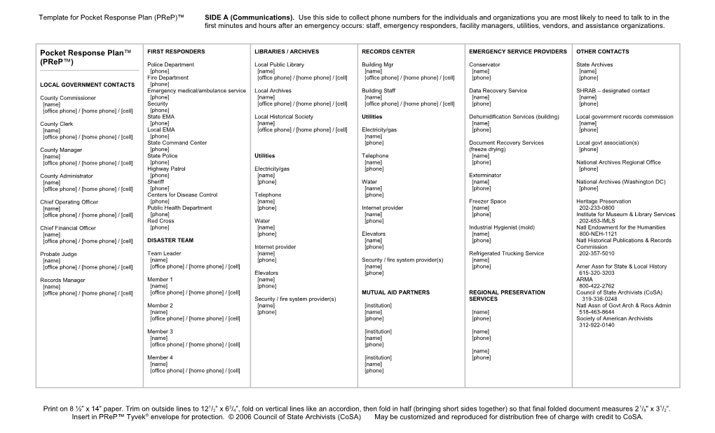 Template for Pocket Response Plan (Prep) SIDE a (Communications). Use This Side to Collect