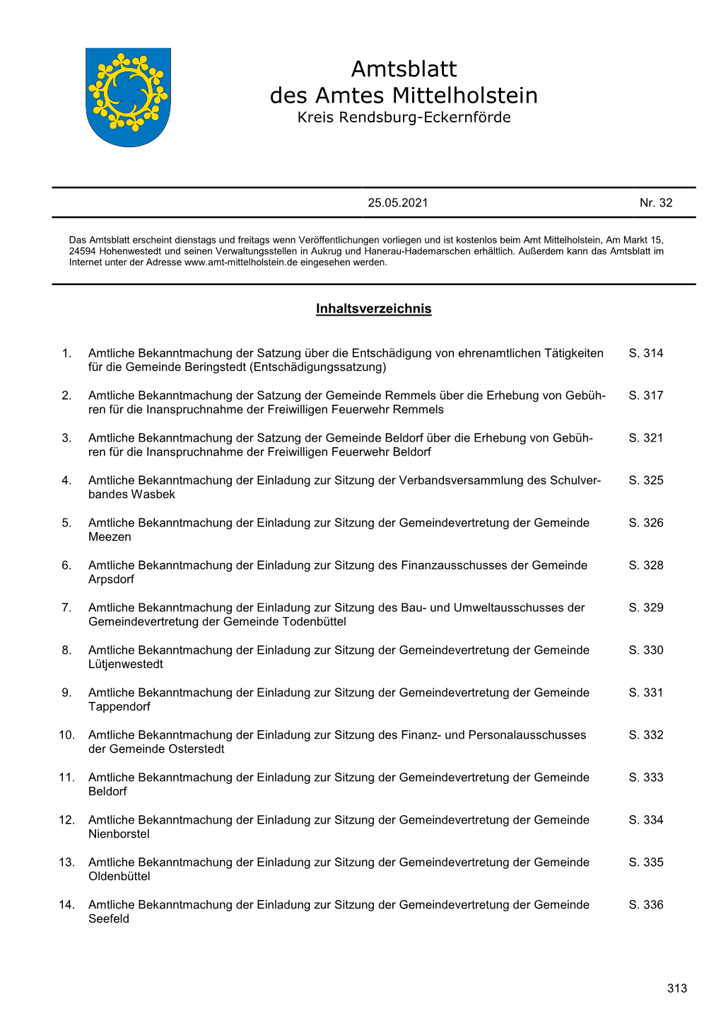 Amtsblatt Des Amtes Mittelholstein Kreis Rendsburg-Eckernförde