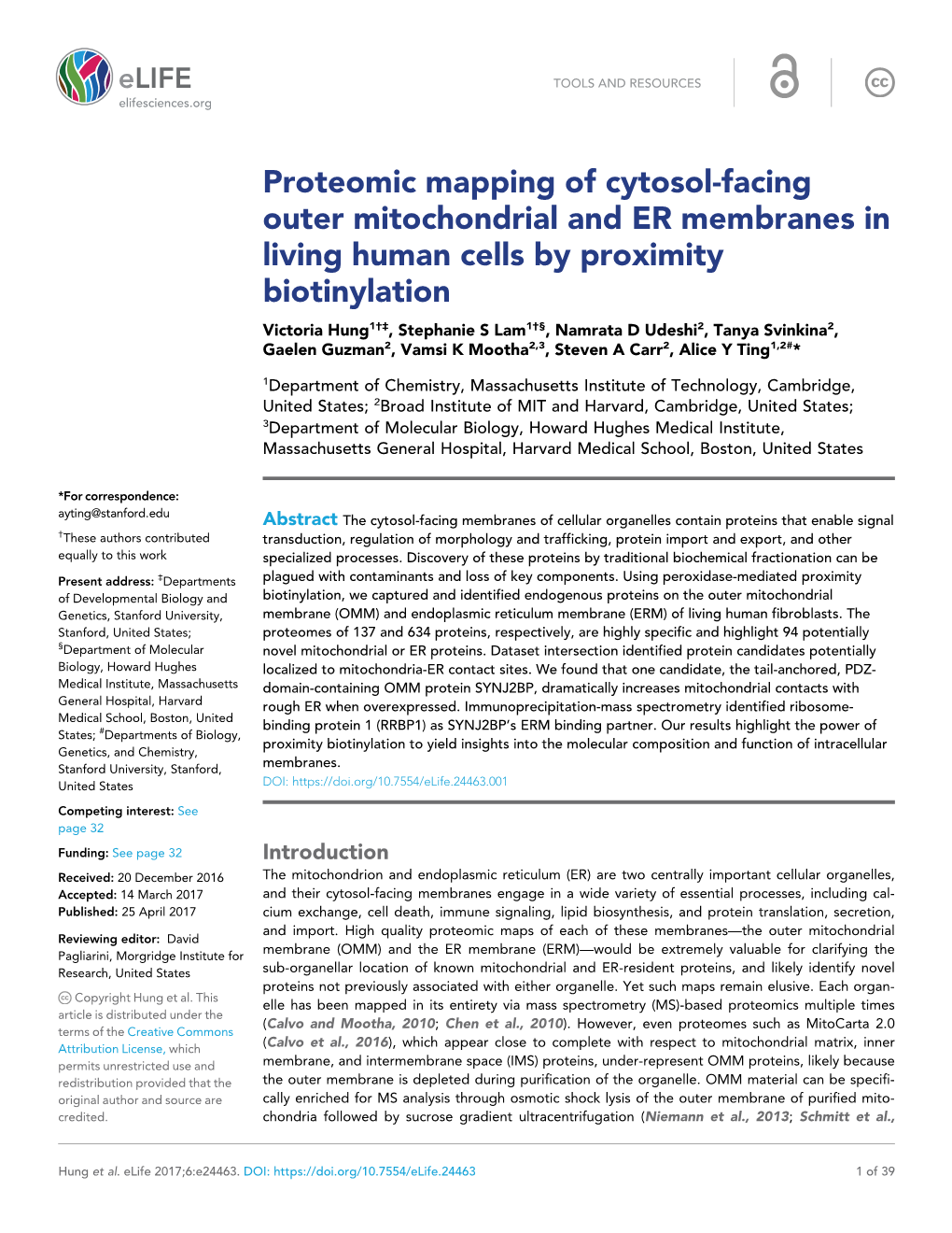 Proteomic Mapping of Cytosol-Facing Outer Mitochondrial and ER