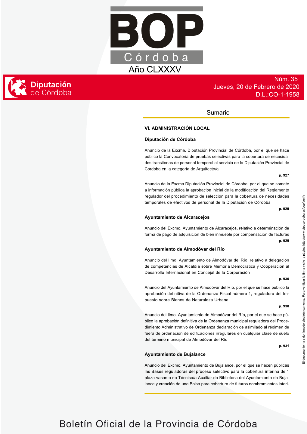 Boletín Oficial De La Provincia De Córdoba Nº 35 P.926 Jueves, 20 De Febrero De 2020