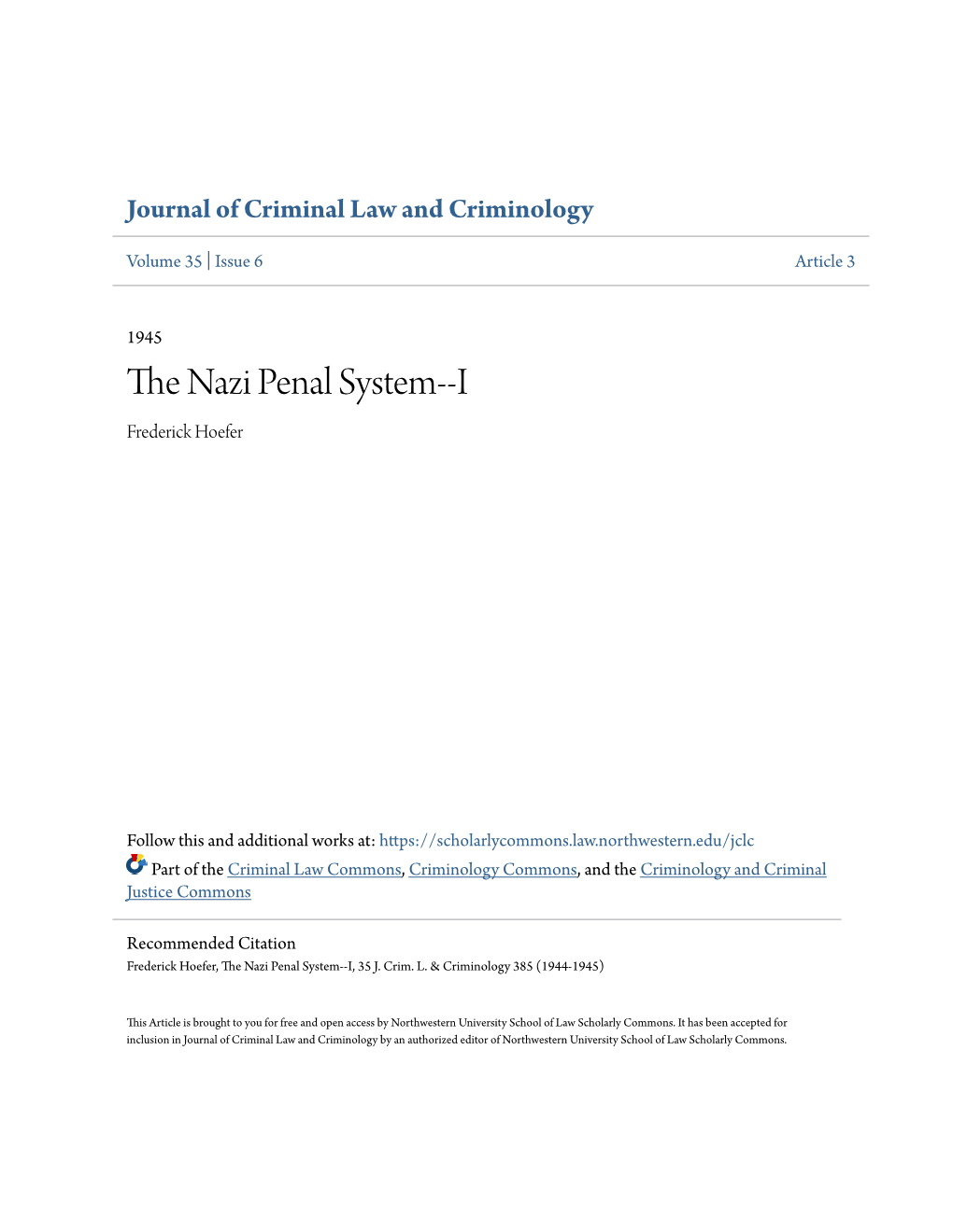 The Nazi Penal System--I