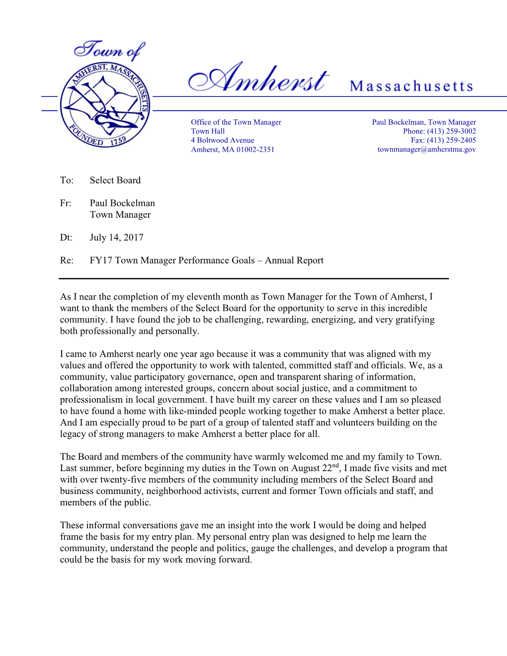 Town Manager Performance Review July 14, 2017 Page 2 Residential and Non-Residential Space