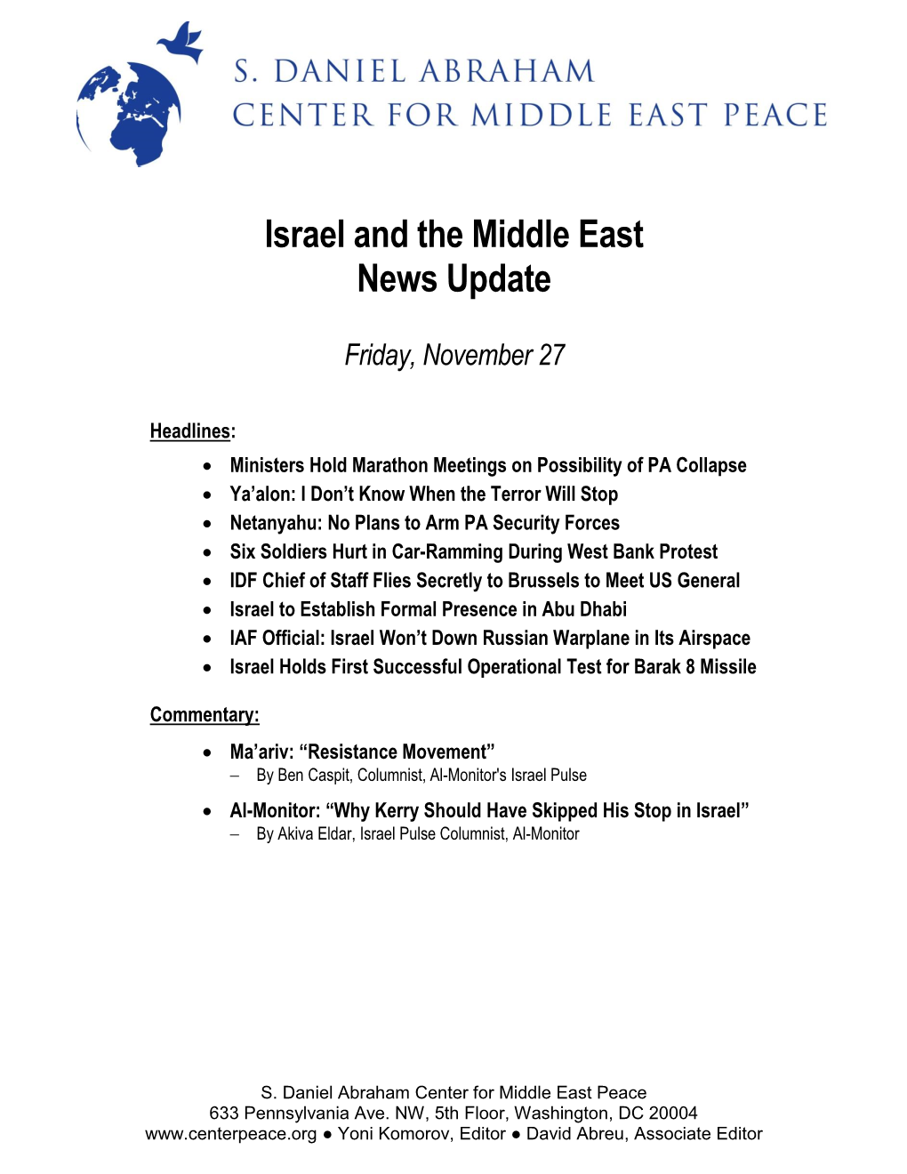 Israel and the Middle East News Update