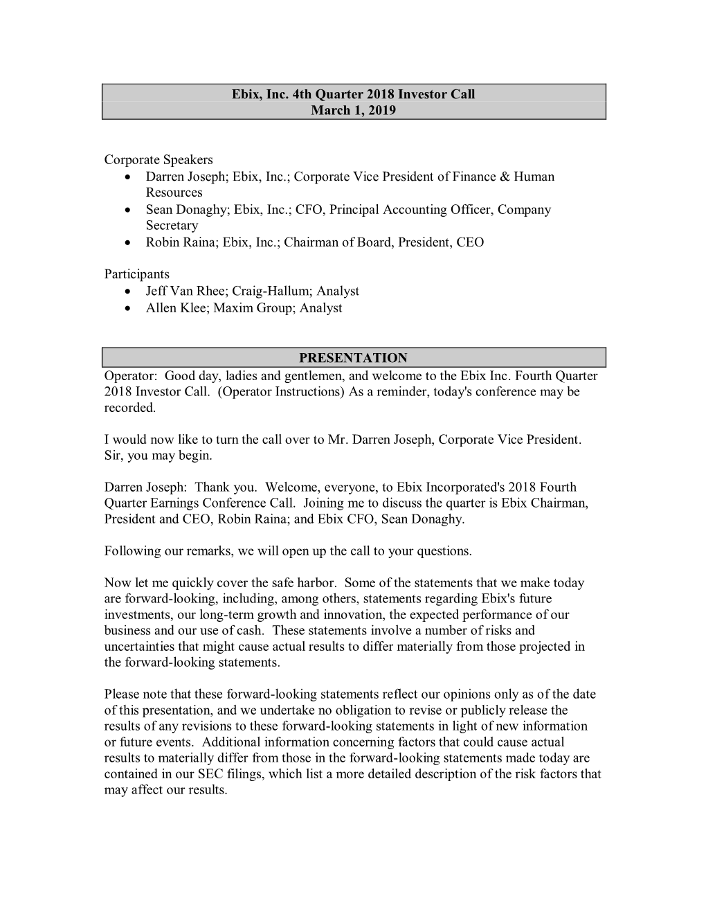 Ebix, Inc. 4Th Quarter 2018 Investor Call March 1, 2019 Corporate