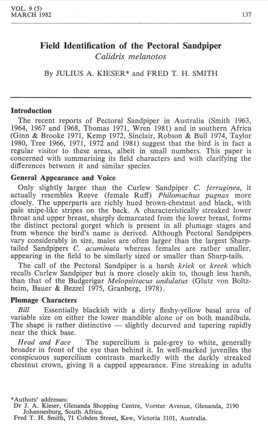 Field Identification of the Pectoral Sandpiper Calidris Melanotos