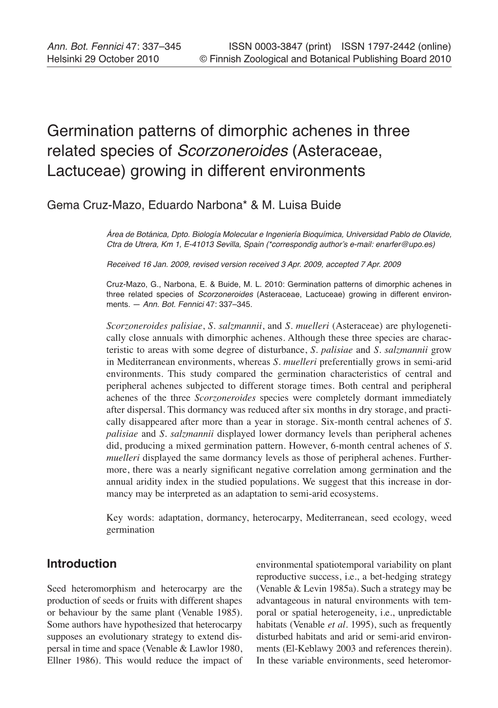 Germination Patterns of Dimorphic Achenes in Three Related Species of Scorzoneroides (Asteraceae, Lactuceae) Growing in Different Environments