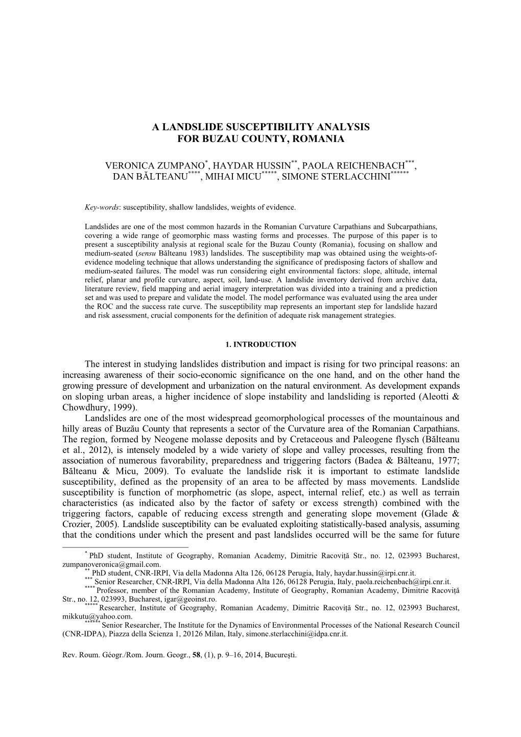 A Landslide Susceptibility Analysis for Buzau County, Romania