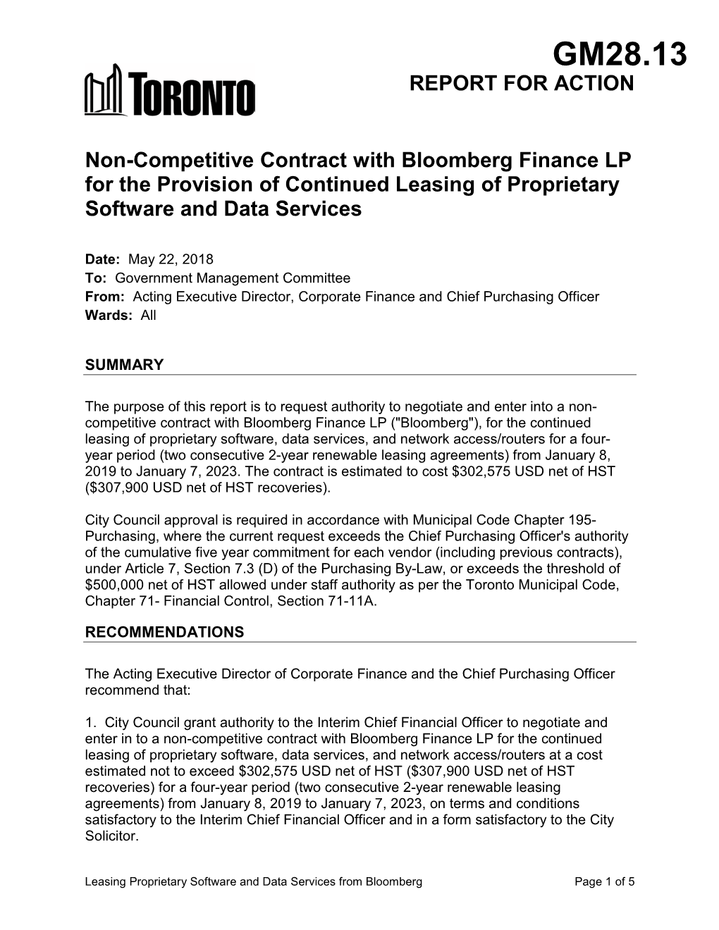 Non-Competitive Contract with Bloomberg Finance LP for the Provision of Continued Leasing of Proprietary Software and Data Services