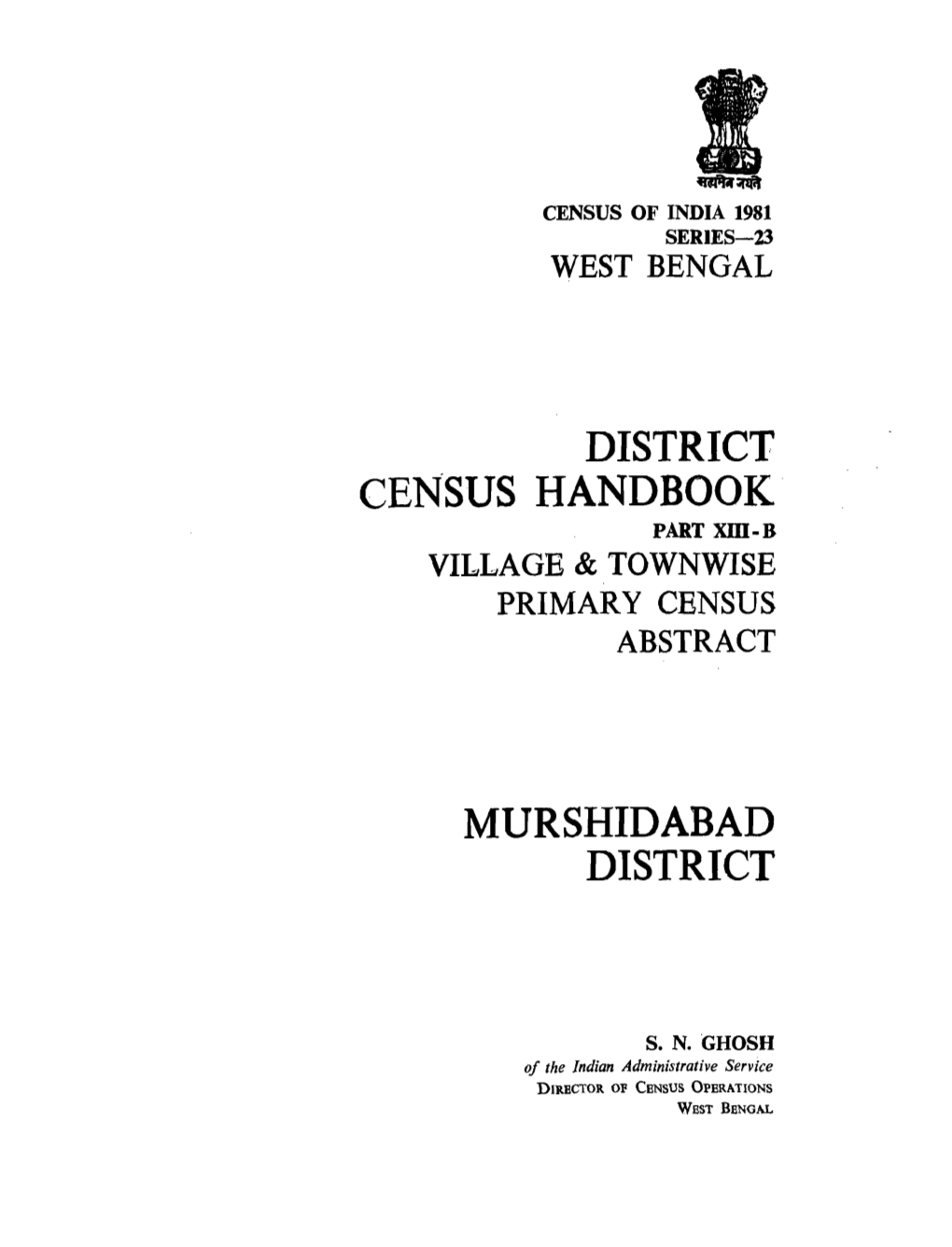 District Census Handbook, Part XIII-B, Murshidabad, Series-23, West Bengal