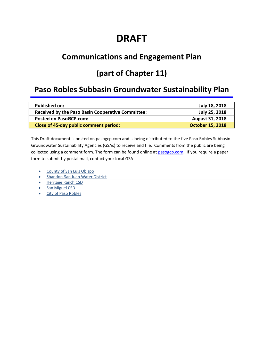 DRAFT Communications and Engagement Plan (Part of Chapter 11) Paso Robles Subbasin Groundwater Sustainability Plan