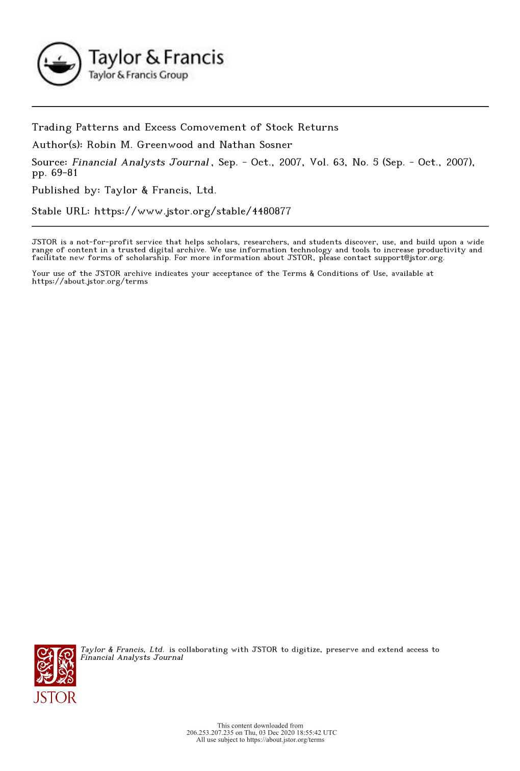 Trading Patterns and Excess Comovement of Stock Returns Author(S): Robin M