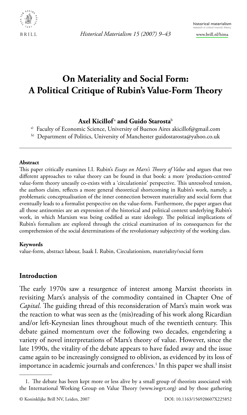 On Materiality and Social Form: a Political Critique of Rubin's Value