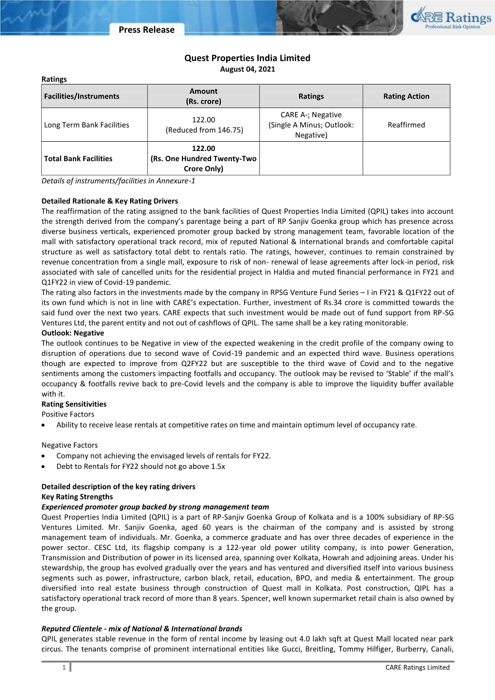 Press Release Quest Properties India Limited