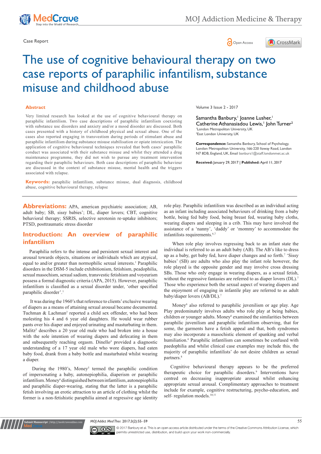 The Use of Cognitive Behavioural Therapy on Two Case Reports of Paraphilic Infantilism, Substance Misuse and Childhood Abuse