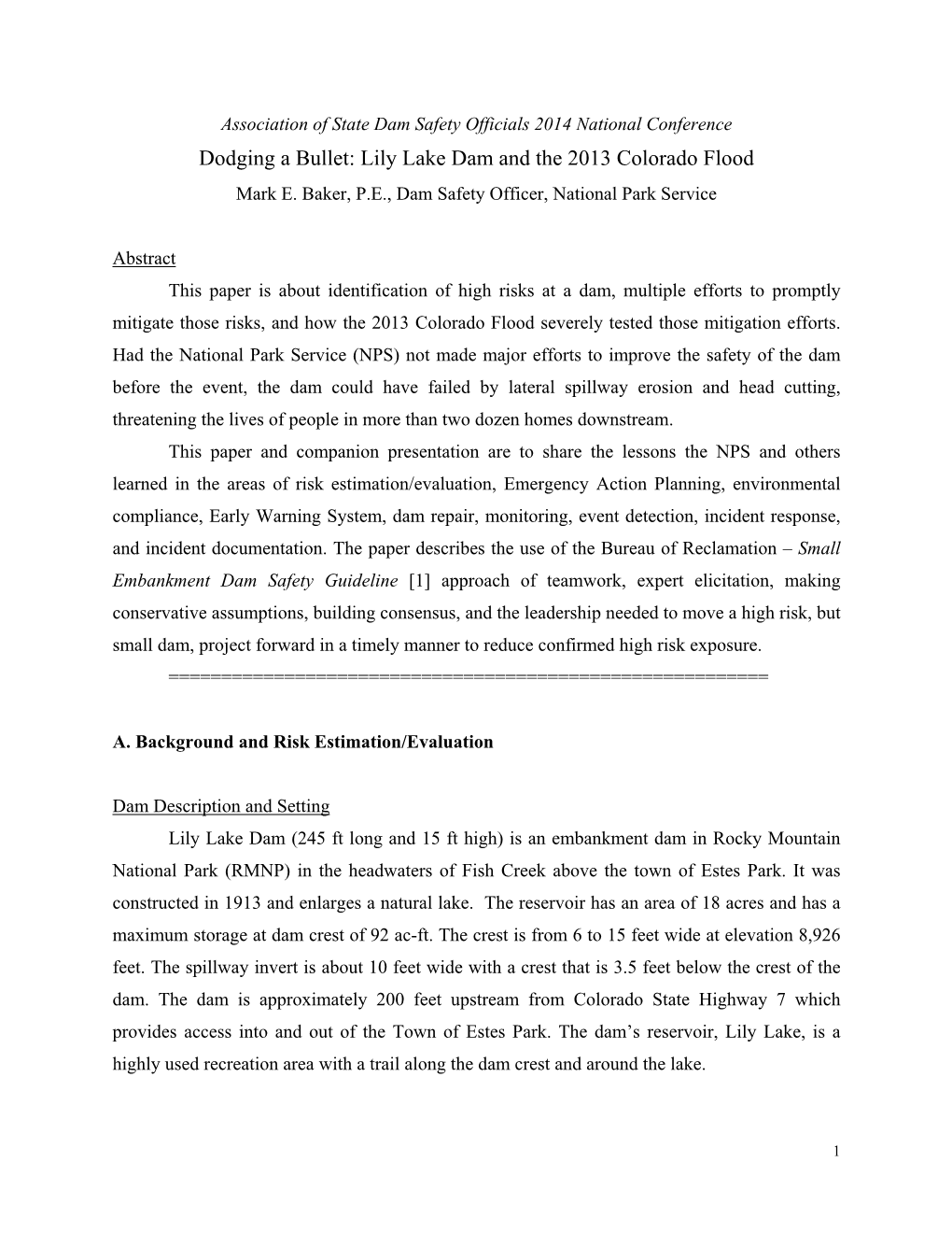 Dodging a Bullet: Lily Lake Dam and the 2013 Colorado Flood Mark E