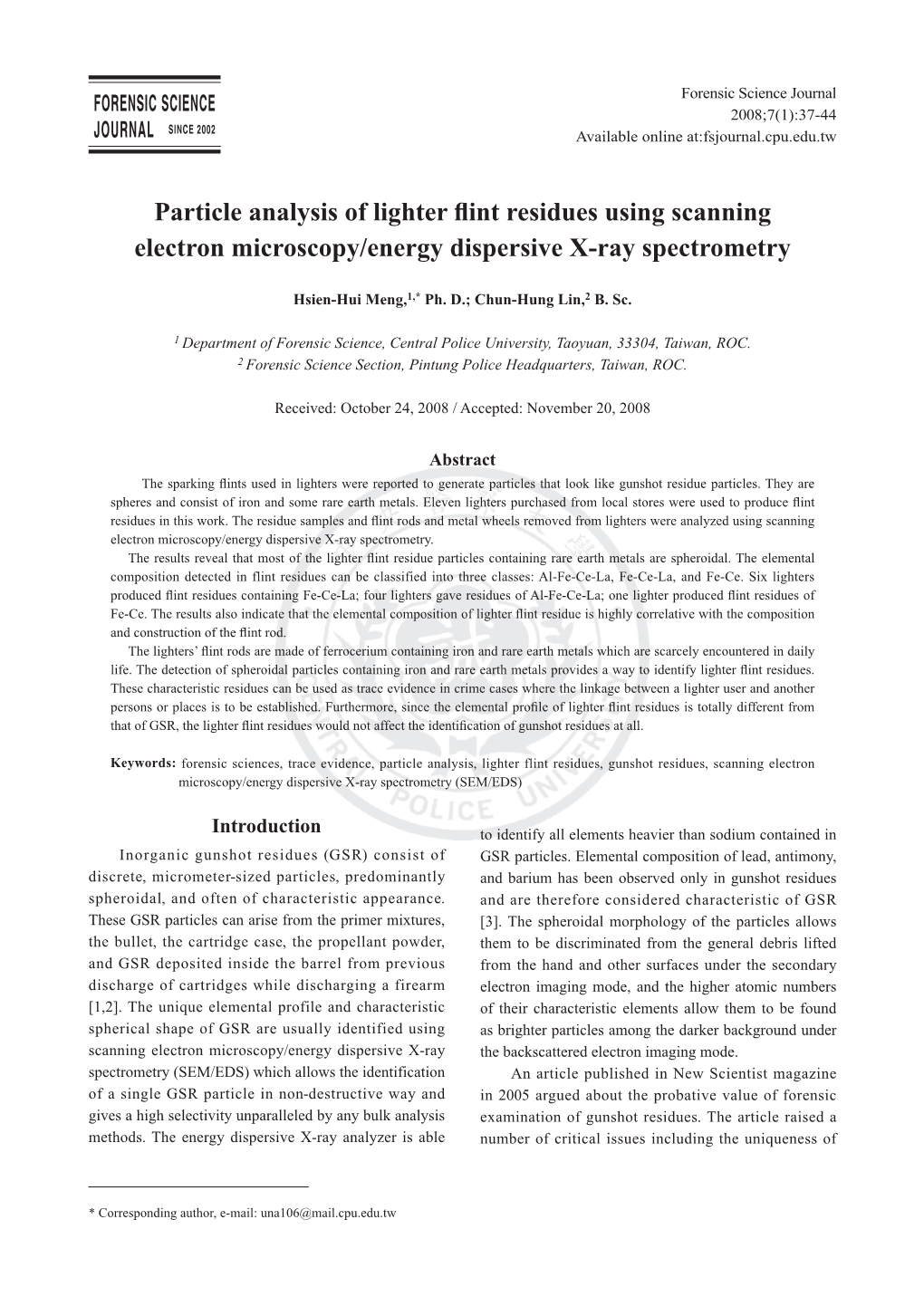 Particle Analysis of Lighter Flint Residues Using Scanning Electron Microscopy/Energy Dispersive X-Ray Spectrometry