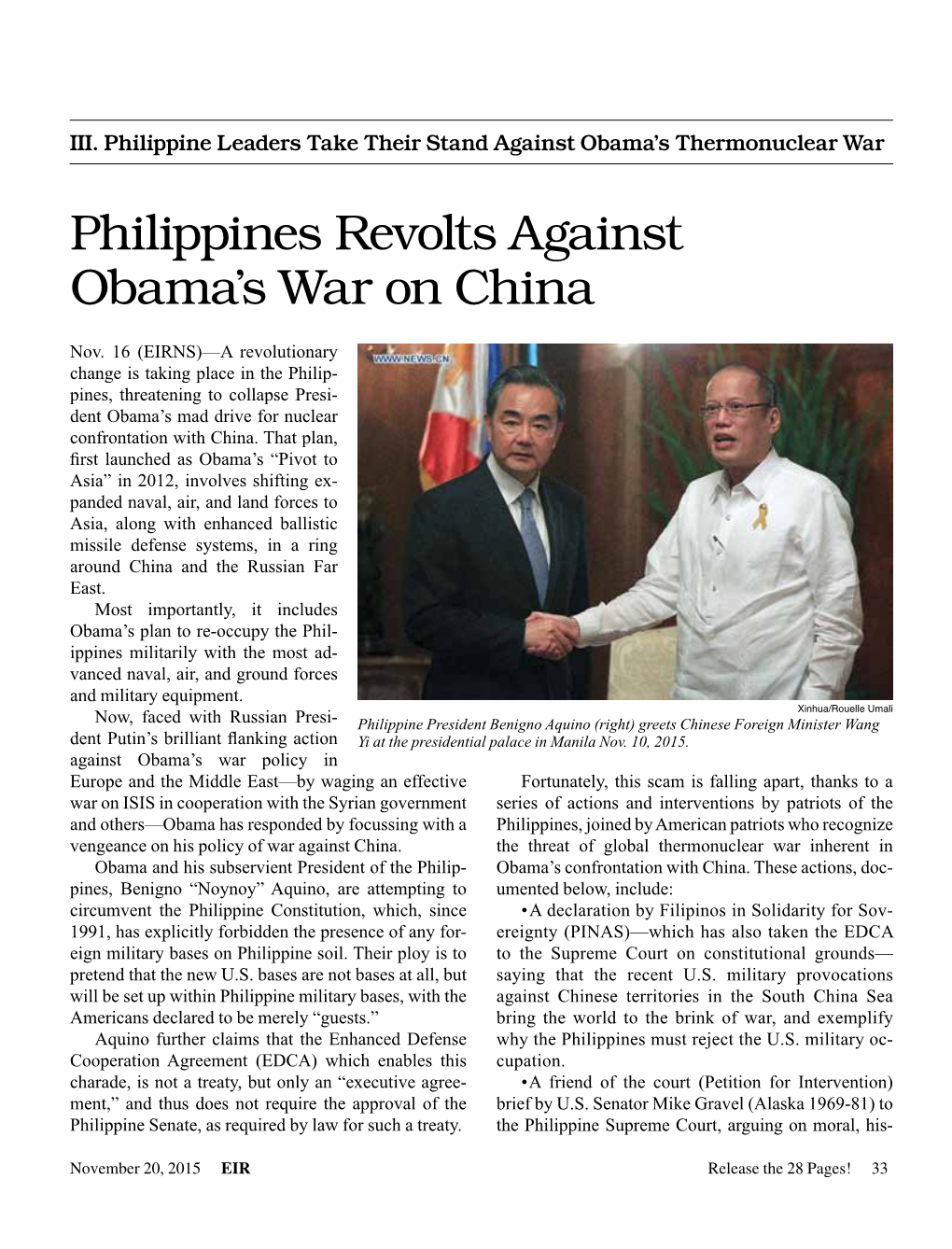 Philippines Revolts Against Obama's War on China