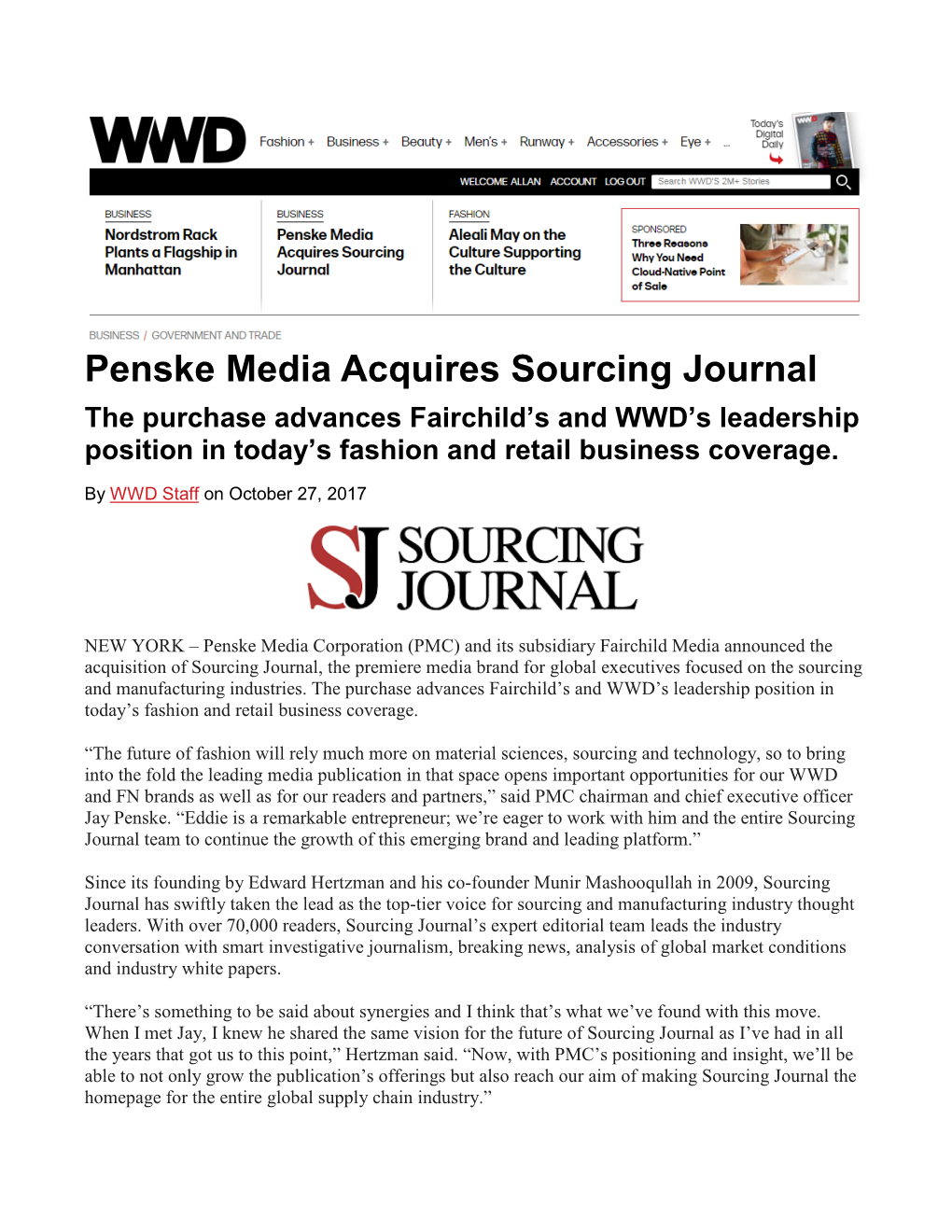 Penske Media Acquires Sourcing Journal the Purchase Advances Fairchild’S and WWD’S Leadership Position in Today’S Fashion and Retail Business Coverage