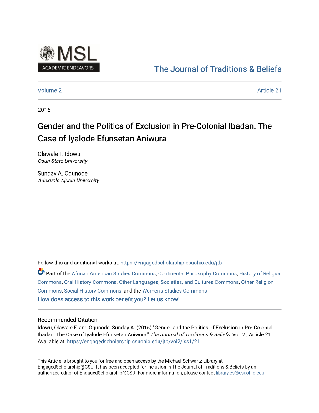 Gender and the Politics of Exclusion in Pre-Colonial Ibadan: the Case of Iyalode Efunsetan Aniwura