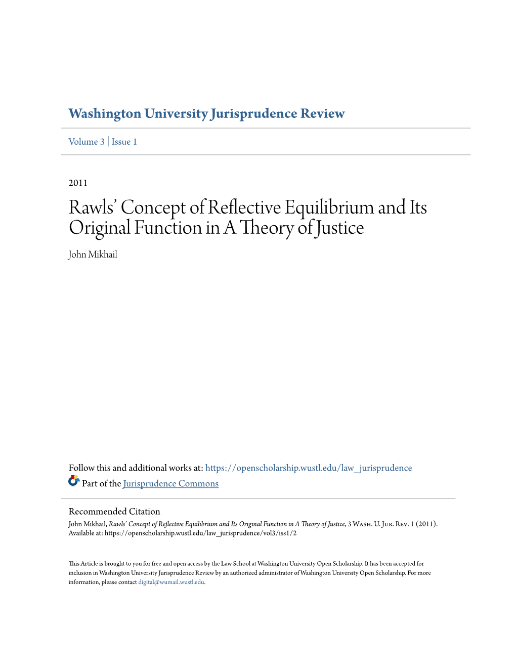 Rawls' Concept of Reflective Equilibrium and Its Original Function in a Theory of Justice