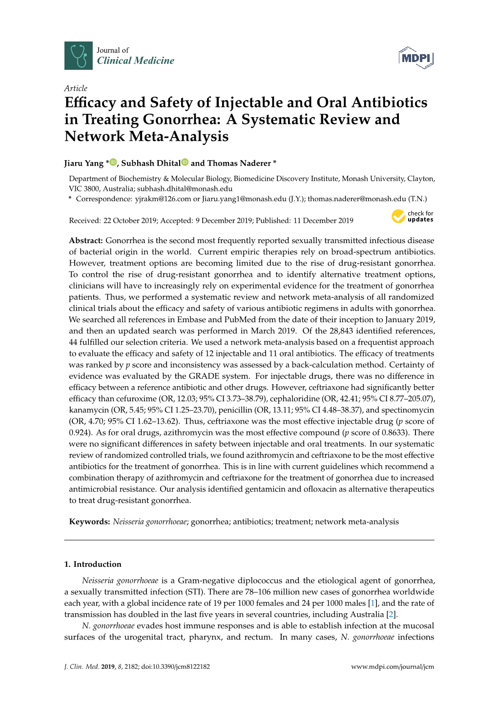 Efficacy and Safety of Injectable and Oral Antibiotics in Treating Gonorrhea