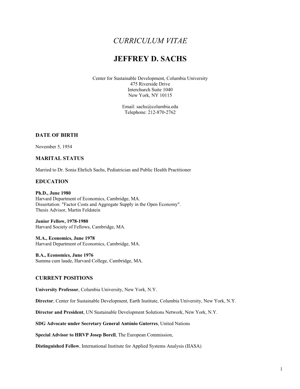 Curriculum Vitae Jeffrey D. Sachs