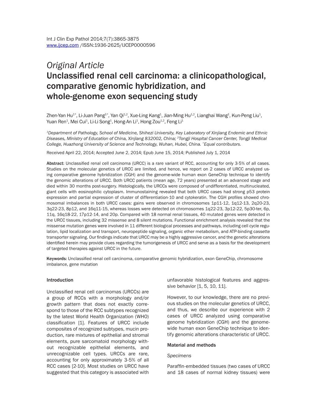 Original Article Unclassified Renal Cell Carcinoma: a Clinicopathological, Comparative Genomic Hybridization, and Whole-Genome Exon Sequencing Study