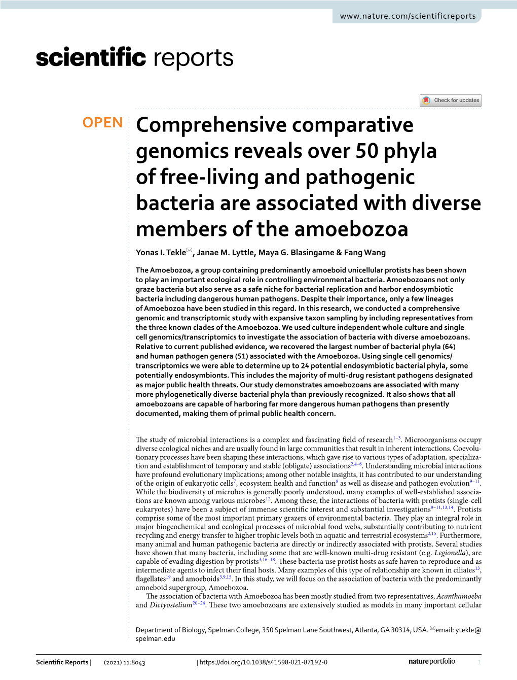 Comprehensive Comparative Genomics Reveals Over 50 Phyla of Free‑Living and Pathogenic Bacteria Are Associated with Diverse Members of the Amoebozoa Yonas I